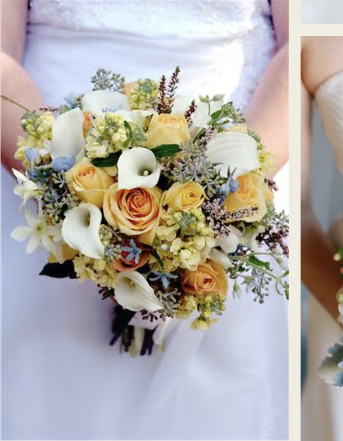 Golden rose and white calla lily bridal bouquet