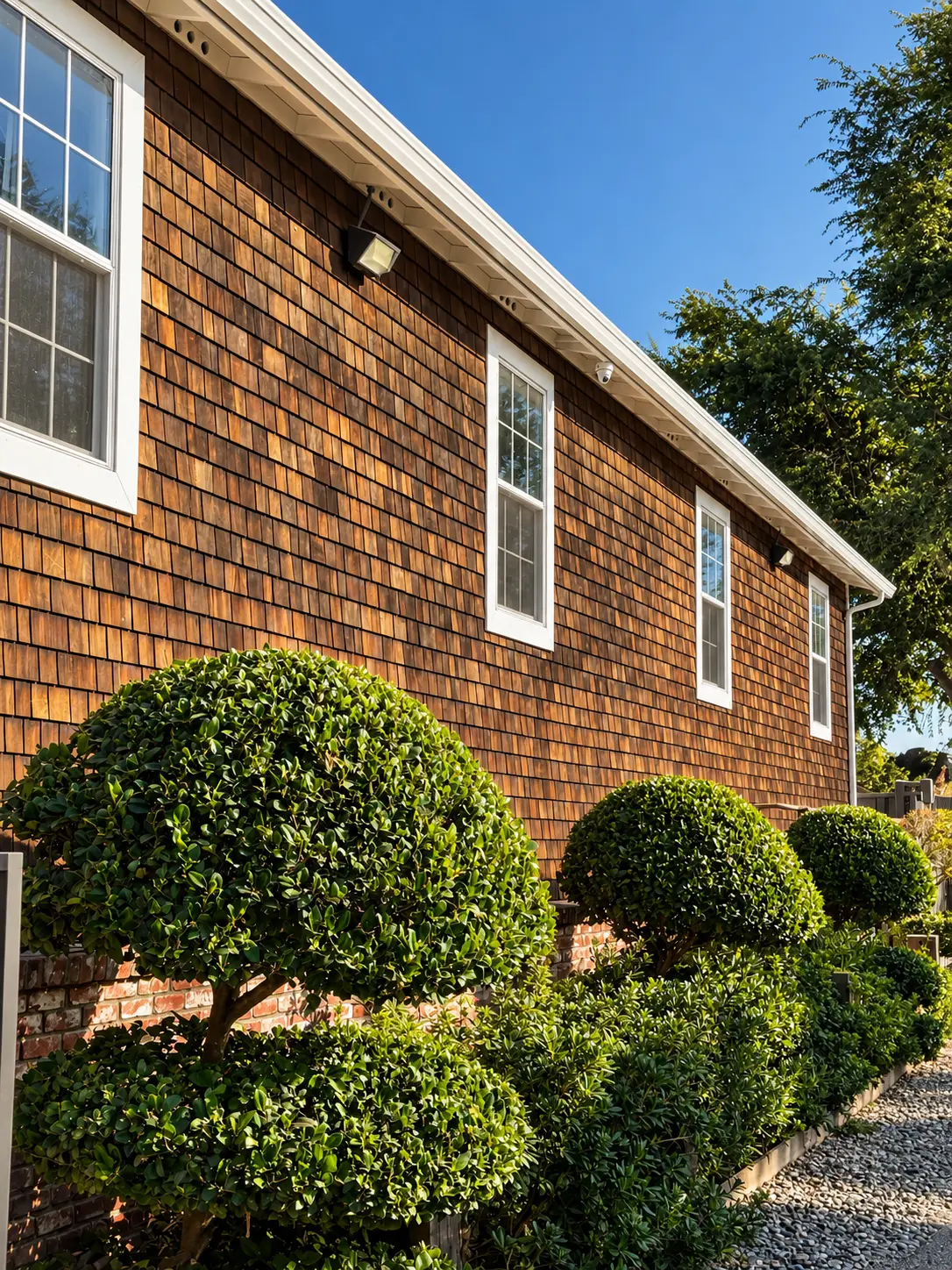 Cedar-shingle building exterior of Silveria's at The River Mill Village with white-trimmed windows and manicured topiary