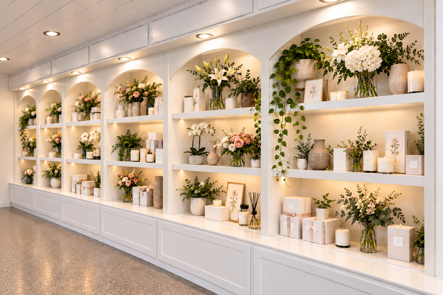 Lit arched display shelves of flowers, candles and gifts inside Silveria's