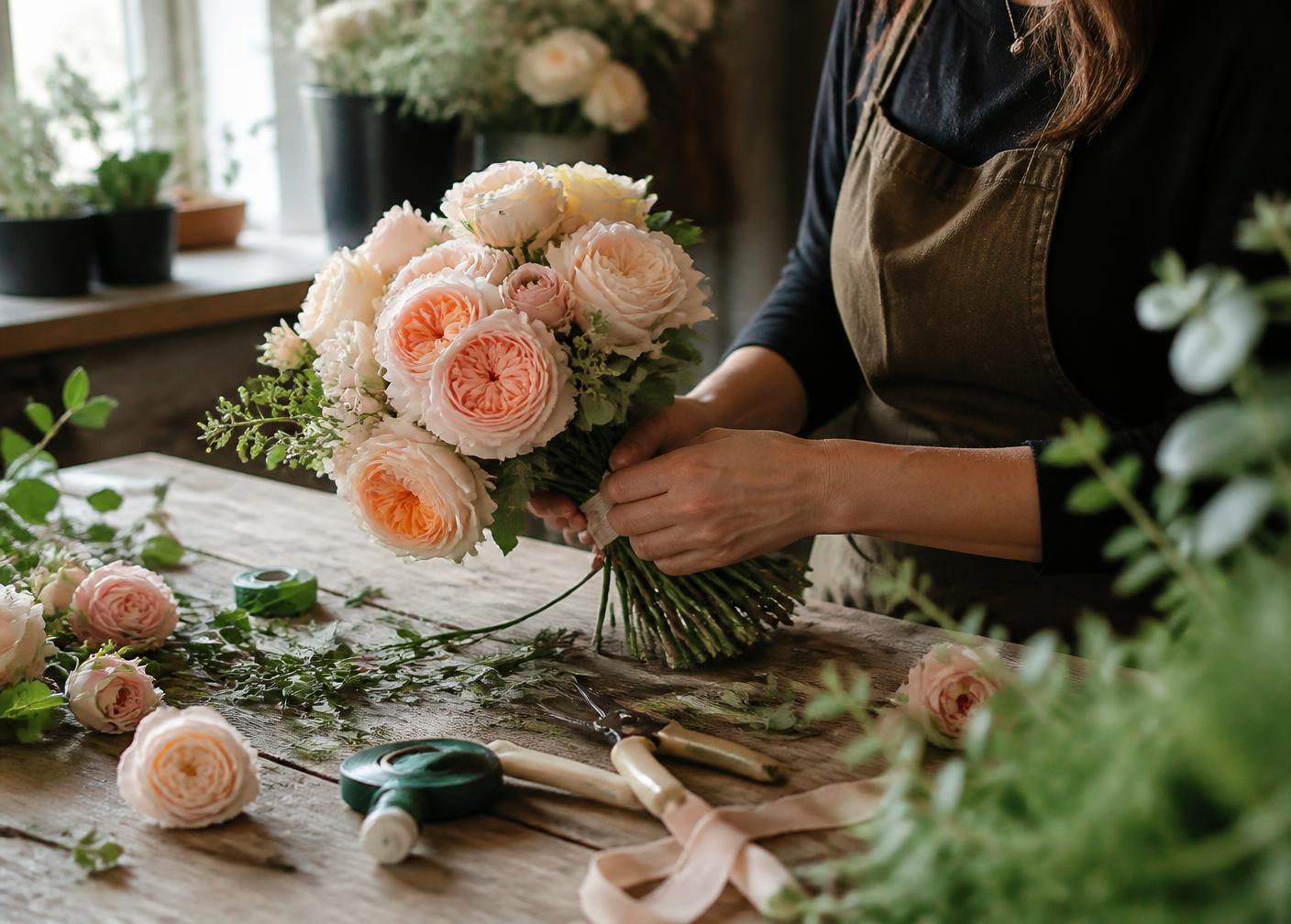 Silveria's florists cutting stems, wrapping bouquets and building arrangements in the shop