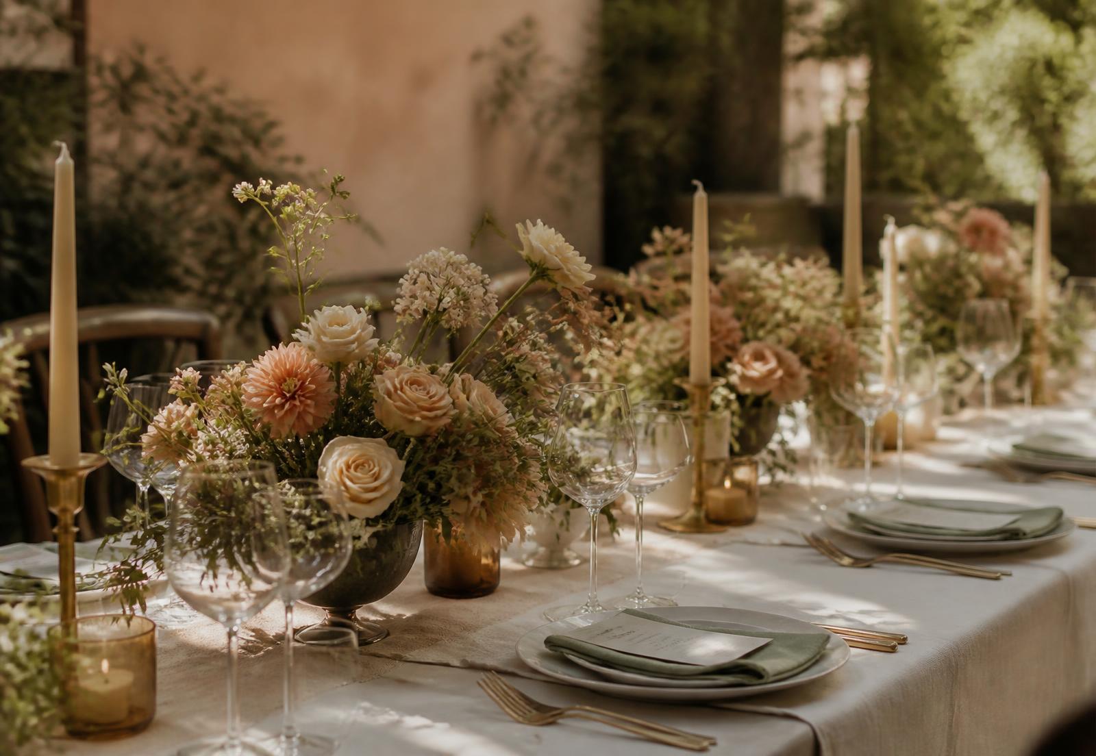Celebration table set with low blush and sage floral centerpieces
