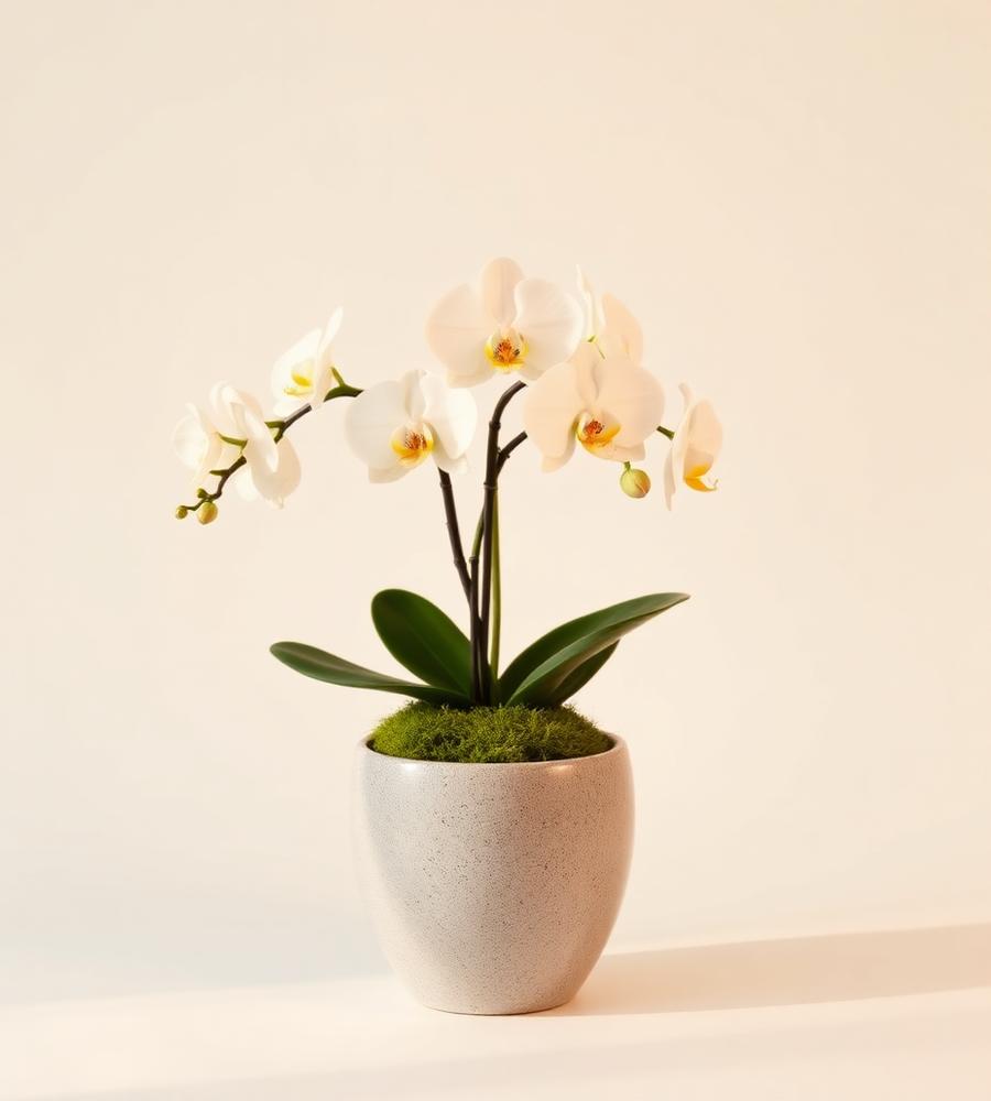 White Orchid Plant — A double-spike phalaenopsis in a stone pot — weeks of quiet elegance.