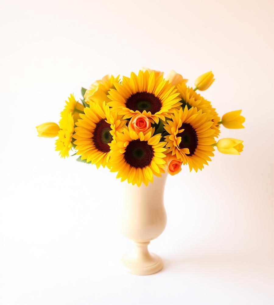 Sunlit Birthday Bouquet — Sunflowers, peach roses and tulips for the brightest kind of hello.