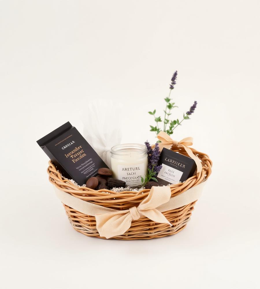 The Comfort Basket — Artisan chocolate, a hand-poured candle and dried lavender in a woven basket.