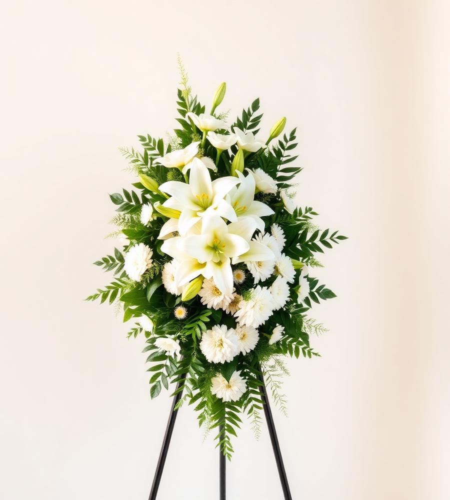 Peaceful White Standing Spray — A full easel spray of lilies and chrysanthemums for service tributes.