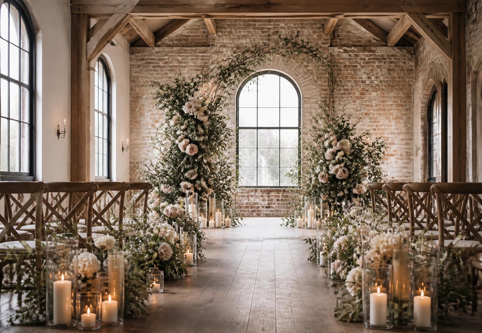 Stone and timber setting of The River Mill with floral arrangements