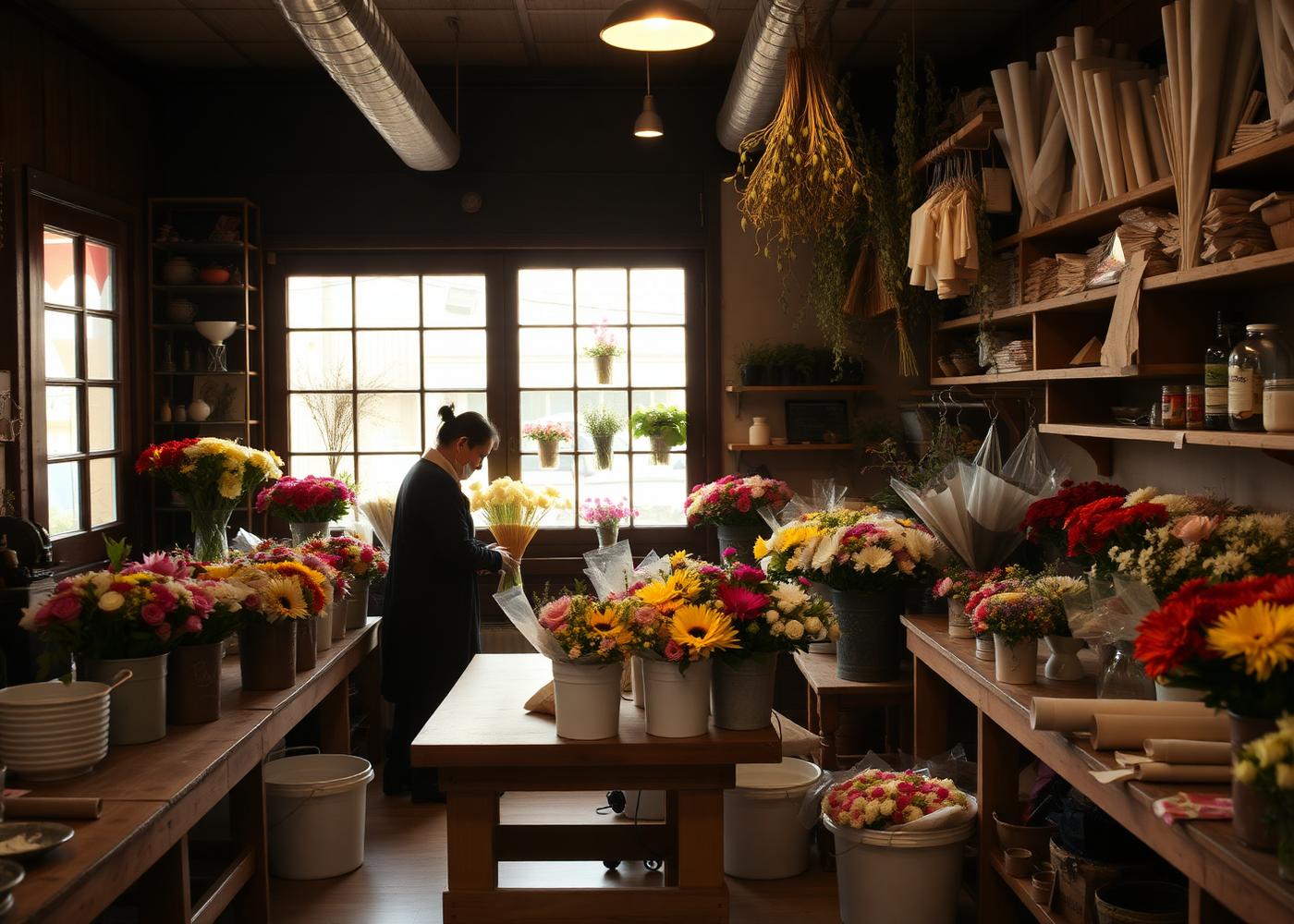 Inside Silveria's Flowers & Gifts: a designer's bench surrounded by buckets of fresh flowers