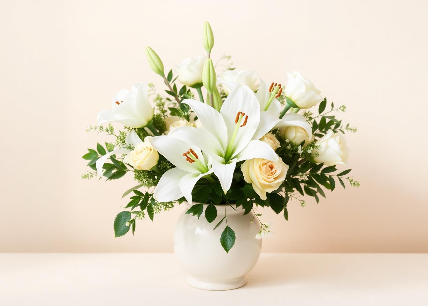 Sympathy arrangement of white lilies and roses in a simple ceramic vase