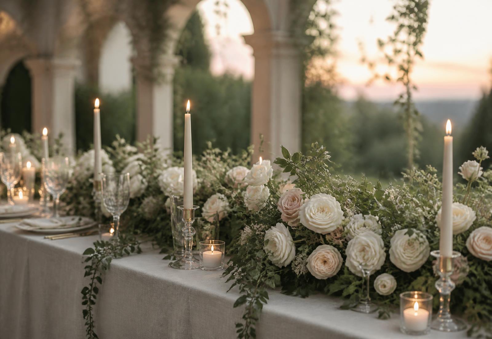 Wedding reception table with white and blush garden roses, trailing greenery and taper candles